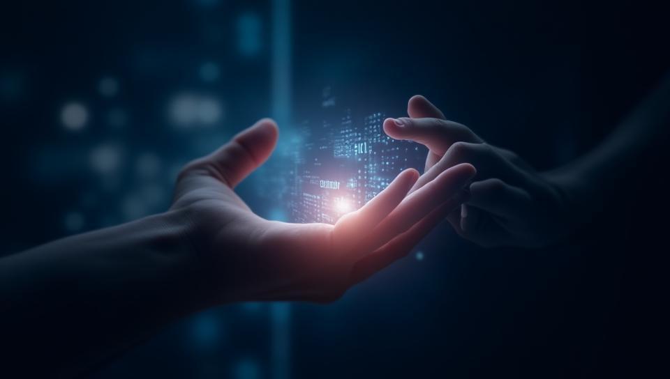 Image of hands collaborating with AI elements